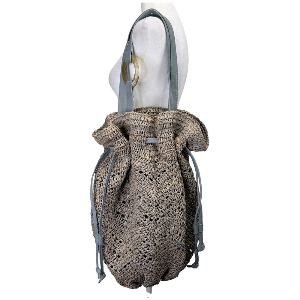 FloraBella Raffia Leather Trim Crochet Bucket Tote Bag Gray Large Beach Resort